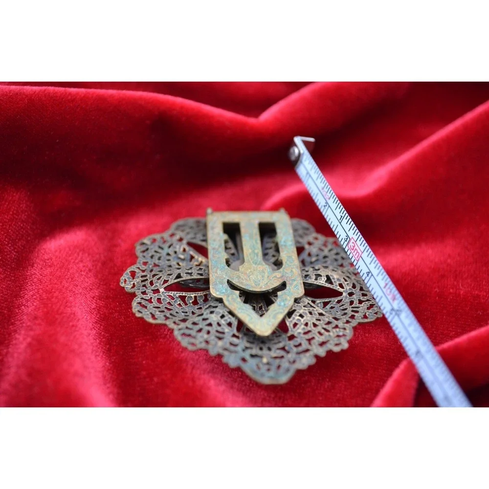 Antique Brass Filigree Dress Clip Faux Turquoise Cabochon Victorian Style Pin